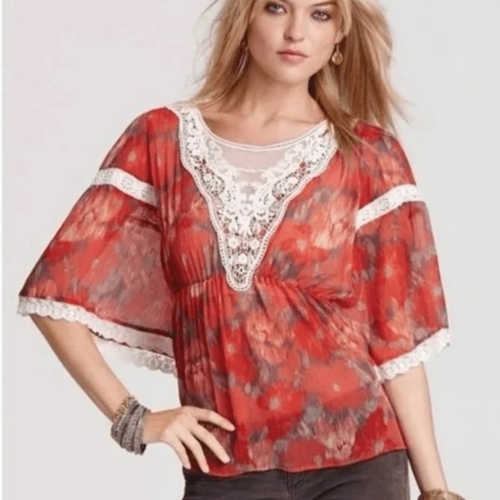 Free People Day Dreamer Red Orange Batwing Sleeve Lace Blouse Size Large